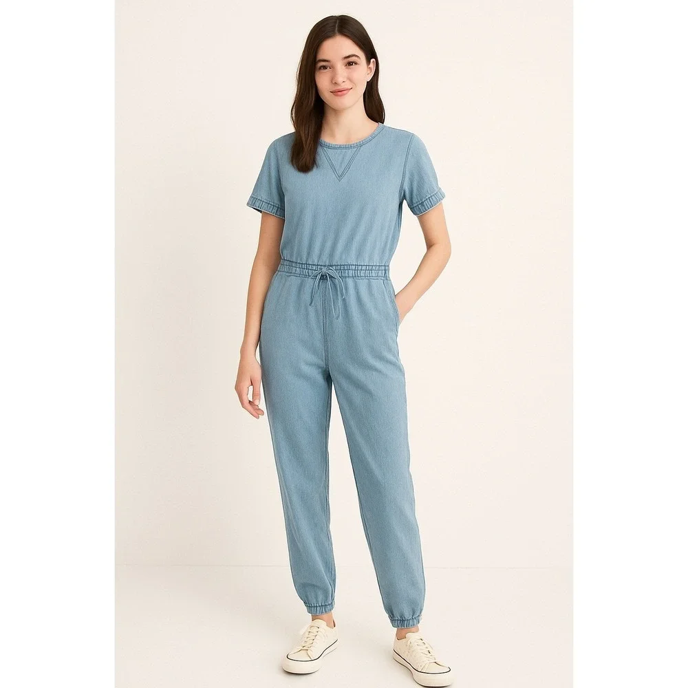 Faded Denim Jumpsuit Drawstring Casual Urban Streetwear Life In Progress Size XS